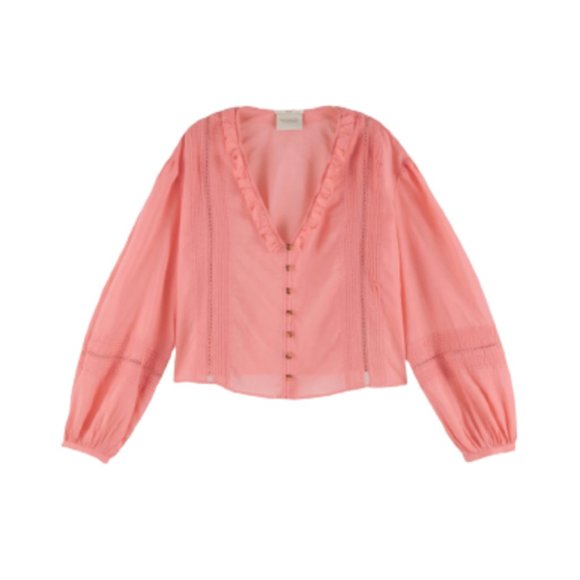 NWT Scotch & Soda Lace Insert Blouse Top Shirt Womens Small Pink V-Neck Pin Tuck - Picture 1 of 14